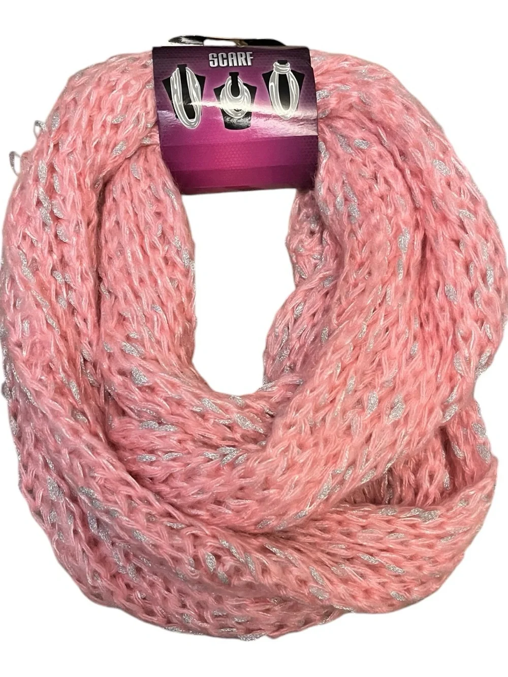 Pink Infinity Scarf with Silver Metallic Thread
